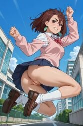 ai_generated ass ayase_momo brown_eyes brown_hair dandadan exposed_ass exposed_pussy female female_only from_below jumping looking_at_viewer looking_back no_panties pussy skirt skirt_lift smiling smiling_at_viewer uncensored upskirt