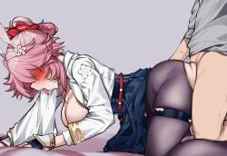 1boy 1girl animal_ears black_pantyhose black_skirt blush breasts caelus_(honkai:_star_rail) commentary_request crotchless crotchless_pantyhose evanescia_(honkai:_star_rail) fox_ears fox_girl grey_background hetero highres honkai:_star_rail honkai_(series) jacket large_breasts long_hair paid_reward_available pantyhose pink_hair sex sex_from_behind shion1350 short_hair_with_long_locks simple_background skirt tongue tongue_out trailblazer_(honkai:_star_rail) very_long_hair white_jacket