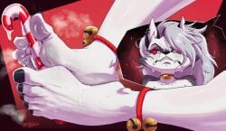 5_toes absurd_res anthro bodily_fluids candy candy_cane canid canid_demon canine christmas demon dessert digital_media_(artwork) disgust disgusted_face fangs feet female food food_fetish food_on_feet food_play foot_fetish foot_focus foot_play fur g4rron hair hellaverse hellhound helluva_boss hi_res holidays humanoid_feet loona_(helluva_boss) mammal mythological_canine mythological_creature mythology nails plantigrade red_sclera simple_background soles solo sweat sweatdrop sweaty_feet teeth toenails toes white_body white_fur