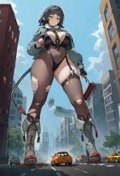 1girls ai_assisted ai_generated bangs black_hair boots breasts city cropped_jacket female_focus femdom fingerless_gloves full_body garter_straps giantess gloves green_eyes growth hips huge huge_ass huge_breasts jacket jane_doe_(zenless_zone_zero) larger_female leotard licking_lips milf mouse mouse_girl multicolored_hair nail_polish nails navel necktie open_clothes open_jacket pantyhose platform_boots red_hair short_hair single_garter_strap single_leg_pantyhose single_thighhigh size_difference skindentation tail thick_thighs thigh_highs thighhighs thighs thong torn_clothes torn_pantyhose undersized_clothes visible_underwear wide_hips zenless_zone_zero