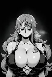 ai_generated breasts cleavage covered_nipples dress earrings expressionless facing_viewer female female_only gigantic_breasts gloopai huge_breasts long_hair looking_at_viewer nai_diffusion nami nami_(one_piece) nipple_bulge one_piece solo solo_female staring