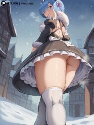 1girls 2024 ai_generated ass ass_focus blue_eyes blue_hair blush huge_ass minusleto outdoors re:zero_kara_hajimeru_isekai_seikatsu rem_(re:zero) solo stable_diffusion stockings thick_thighs thighs