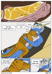 2018 anal anal_sex anthro anthro_on_anthro bed biped blue_skin border brown_skin brown_stripes claws closed_eyes comic cowgirl_position cum cum_drip cum_in_ass cum_inside cum_on_chest cum_on_knot cum_on_penis cum_on_stomach curved_horn dialogue dinosaur dragon dripping duo ear_frills ejaculation embrace english_text erection frill glans half-closed_eyes horn hospital inside internal intestines kaibo_coldwind knot knotting larger_anthro larger_male looking_at_another looking_at_partner lying male male_penetrating marvin_raptor nude nx-3000 on_back on_bed on_top open_mouth open_smile panting patreon penetration penis raptor red_tongue ridged_horn scales scalie sex sharp_claws size_difference smaller_anthro smaller_male smile speech_bubble striped_body stripes text theropod thought_bubble toe_claws url western_dragon white_border white_horn white_scales white_skin yaoi yellow_eyes yellow_penis