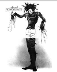 1boy black_hair edward_scissorhands grayscale looking_up male_only micropenis monochrome penis scissors simple_background tagme thin_waist