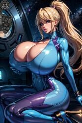 ai_generated big_breasts blonde_hair blue_eyes bodysuit bythebrokenone female gigantic_breasts high_heels long_hair metroid ponytail samus_aran zero_suit_samus