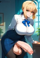 ai_generated artoria_pendragon blonde_futa blonde_hair cum cumdrip fate_(series) foreskin futanari green_eyes huge_balls huge_breasted_futa huge_breasts huge_cock looking_at_viewer pencil_skirt presenting_penis skirt skirt_lift starskyai