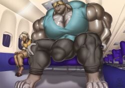 2022 aircraft airplane anthro barazoku big_muscles blonde_hair blue_clothing blue_eyes blue_shirt blue_tank_top blue_topwear bovid bovine bulge cattle chair clothing detailed_bulge digital_media_(artwork) domestic_cat duo erection erection_under_clothing facial_piercing felid feline felis furniture genital_outline green_eyes hair hi_res horn huge_muscles hyper hyper_muscles male male/male mammal muscular muscular_anthro muscular_male nipple_outline nose_piercing nose_ring on_chair pecs penis_outline piercing ponytail regnar ring_piercing shirt sitting sitting_on_chair size_difference tank_top tight_clothing tight_space topwear vehicle worried