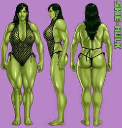 1girls abs ass avengers big_breasts breasts female female_only fishnet_swimsuit green_hair green_skin huge_breasts hulk_(series) large_breasts legs marvel marvel_comics muscles muscular muscular_female nipples she-hulk solo sweat swimsuit thick_thighs thighs wide_hips zakuman