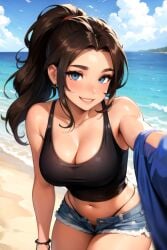 ai_generated bangs beach big_ass big_breasts big_butt blue_eyes blush booty_shorts breasts brown_hair cleavage curvaceous curves curvy curvy_body curvy_female curvy_figure curvy_hips original original_character ponytail seductive seductive_eyes seductive_gaze seductive_look seductive_smile smile smiling smiling_at_viewer tank_top thick thick_ass thick_thighs thighs