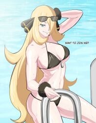 1girls bikini blonde_hair breasts cynthia_(pokemon) dialogue female female_only hair_over_one_eye ladder long_hair looking_at_viewer octavius_dp pokemon pool solo sunglasses sunglasses_on_head swimsuit talking_to_viewer text thick_thighs wide_hips