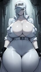 1girls ai_generated big_breasts blue_eyes breasts cells_at_work cells_at_work_code_black enormous_breasts female female_focus hat hataraku_saibou hataraku_saibou_black hips huge_breasts large_breasts looking_at_viewer open_shirt pale-skinned_female thick_thighs thighs u-1196 white_hair wide_hips