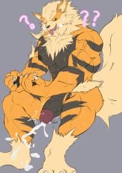 absurd_res after_transformation anthro arcanine bodily_fluids canid canine confusion cum fur generation_1_pokemon genital_fluids genitals geryorias hi_res humanoid_genitalia humanoid_penis male mammal muscular muscular_anthro muscular_male nintendo orange_body penis pokemon pokemon_(species) solo species_transformation sweat text transformation yellow_eyes