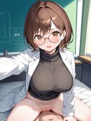 1boy 1girls ai_generated black_turtleneck blush brown_hair cowgirl_position glasses kosine1777 kosineverse labcoat lily_(kosine1777) nerd nerdy_female original original_character scientist short_hair turtleneck turtleneck_sweater vaginal_penetration vaginal_sex