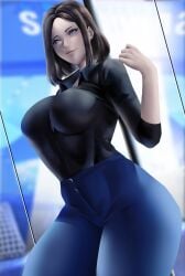 1female 2d big_breasts blue_eyes breasts brown_hair female kulfodo looking_at_viewer samsung samsung_sam thick_thighs thighs