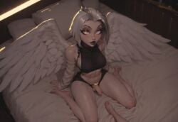 ai_generated athletic_futanari bedroom big_breasts black_hair black_nails blindparty civitai dickgirl futanari hazbin_hotel inside lute_(hazbin_hotel) partially_clothed_futanari penis white_hair yellow_eyes