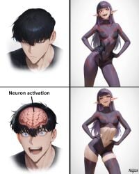 1boy 1girls ai_generated black_hair blue_eyes bodysuit breasts demon demon_girl esil_radiru expressionless half-closed_eyes hands_on_hips happy meme midriff neuron_activation pointy_ears purple_hair smile solo_leveling thighhighs