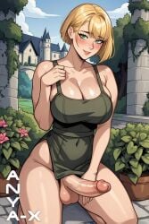 2d ai_generated anya-x apron blonde_hair bob_cut castle day fantasy futanari garden katya_(onyx_brothel) outside solo