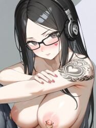 1girls ai_generated black_glasses black_hair black_jeans chest_tattoo choker crossed_arms emo glasses goth goth_girl huge_breasts jeans judith_love_(kosine1777) kosine1777 kosineverse long_hair looking_at_viewer looking_down looking_down_at_viewer nipple_piercing nipple_piercings nose_piercing original original_character parted_bangs ripped_jeans scene_girl shoulder_tattoo topless