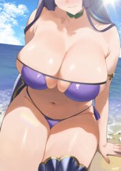 1girls big_breasts bikini bikini_bottom bikini_top bottomwear breast_focus breasts cleavage eyepatch_bikini eyes_out_of_frame fate/grand_order fate_(series) female female_only hair huge_breasts kurozawa_yui large_breasts legwear long_hair mature mature_female mature_woman milf minamoto_no_raikou_(fate/grand_order) neckwear purple_bikini purple_hair solo solo_female sweat sweatdrop swimwear thick_thighs thighs topwear water