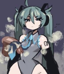 1boy 1girls angry blue_hair cum cum_on_clothes decaiien hatsune_miku huge_thighs light-skinned_female mole small_breasts steam stink_fumes stinky sweat tie twintails vocaloid