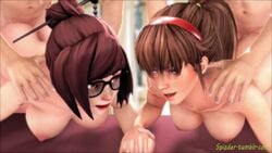 2boys 2girls 3d animated breasts dead_or_alive eyewear female from_behind glasses hitomi_(doa) holding_hands light-skinned_female light-skinned_male male mei_(overwatch) no_sound overwatch shorter_than_30_seconds shorter_than_one_minute spizzy tecmo video