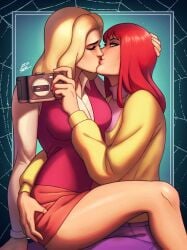 2dnsfw 2dswirl 2girls artist_name big_breasts black_cat_(marvel) black_cat_(spider-man:_the_animated_series) blonde_hair blue_eyes breasts camera closed_eyes commentary cucked_by_lesbian cuckold cuckold_pov english_commentary felicia_hardy female female/female female_only grabbing_another's_ass groping highres holding holding_camera kiss kissing large_breasts lesbian lesbian_kiss light-skinned_female light_skin long_hair looking_at_viewer marvel marvel_comics mary_jane_watson mary_jane_watson_(smtas) multiple_girls pink_sweater_vest red_hair sitting sitting_on_lap sitting_on_person skirt spider-man:_the_animated_series spider-man_(series) straight_hair sweater sweater_vest thick_thighs thighs voluptuous voluptuous_female wide_hips yellow_sweater yuri