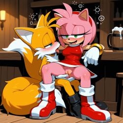 1boy 1boy1girl 1girls ai_generated alcohol amy_rose anthro drunk duo fingering fox hedgehog male/female pink_fur pussy sega sonic_(series) sonic_the_hedgehog_(series) tagme tails tails_the_fox tavern