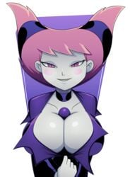 big_breasts breasts cleavage dc female female_only huge_breasts jinx_(dc) large_breasts looking_at_viewer purple_background ravenravenraven solo teen_titans transparent_background