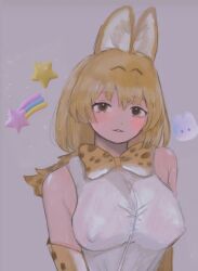 1girls blonde_hair erect_nipples erection_under_clothes kemono_friends looking_at_viewer no_bra see-through_clothing serval_(kemono_friends)