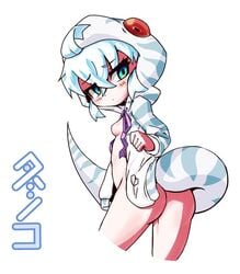 a-tuy ass blue_hair bottomless breasts expressionless female female from_behind hood hoodie kemono_friends looking_back open_clothes solo tail tsuchinoko_(kemono_friends)