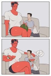 1boy 1boy1girl 1girl1boy 1girls bigger_female boonie_baby comic comic_page demon demon_girl demon_horns female horns muscle muscle_girl muscular muscular_female red_skin taller_female taller_girl thick thick_legs thick_thighs