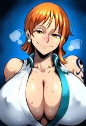 ai_generated breasts cleavage covered_nipples female female_only gigantic_breasts gloopai half-closed_eyes huge_breasts looking_at_viewer nai_diffusion nami nami_(one_piece) nipple_bulge nipples nipples_visible_through_clothing one_piece short_hair smile smug solo solo_female solo_focus staring steam steaming_body steamy_breath sweat sweatdrop sweating sweaty