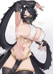 1girl alternate_breast_size_(larger) animal_ears arm_up armpits belly_dancer belly_dancer_outfit black_hair blue_eyes blush breasts bridal_gauntlets closed_mouth commentary_request cowboy_shot dancer dancing fuji_kiseki_(umamusume) gold_trim harem_girl harem_outfit highres horse_ears horse_girl horse_tail huge_breasts lengkuass loincloth looking_at_viewer mouth_veil multicolored_hair navel pelvic_curtain revision see-through_clothes see-through_sleeves see-through_veil short_hair sideboob simple_background skindentation smile solo steaming_body stomach streaked_hair sweat tail umamusume veil voluptuous wakipai white_background white_hair