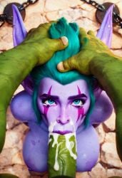 1boy 1girls ai_generated blizzard_entertainment blue_eyes cum cum_in_mouth cum_inside elf elf_ears elf_female fellatio female green_hair male male/female night_elf orc orc_male purple_body rape tears warcraft world_of_warcraft