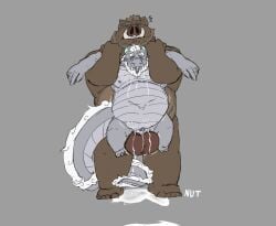 anal anal_sex anthro asian_mythology balls beard belly big_belly blush bodily_fluids body_hair brown_body brown_fur closed_eyes cum cum_drip cum_from_mouth cum_in_mouth cum_inside cum_on_balls cum_on_ground digital_media_(artwork) dragon dripping duo east_asian_mythology eastern_dragon erection facial_hair full_nelson full_nelson_(arms_held) fur genital_fluids genitals hair held_up hi_res horn humanoid_genitalia humanoid_penis inflation inflation jehu_(sihai's_legacy) male male/male male_penetrated male_penetrating male_penetrating_male mammal musclegut muscular mythological_creature mythological_scalie mythology nipples nude nutdoesart open_mouth overweight overweight_anthro overweight_male pecs penetration penile penile_penetration penis restrained_arms scalie scar sex shen_(sihai's_legacy) sihai's_legacy simple_background solo suid suine sus_(pig) tail thick_thighs tongue tusks whiskers wild_boar