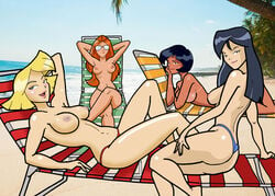 4girls alex_(totally_spies) ass beach bikini_bottom black_hair blonde_hair breasts britney_(totally_spies) chair clover_(totally_spies) dark_skin female female_only inspector97 multiple_girls nipples nude orange_hair public_topless sam_(totally_spies) sunbathing sunglasses tan_lines teenage topless totally_spies uncensored uncensored_breasts