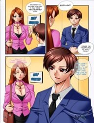 1boy 1girls breasts brown_hair cleavage closed_eyes collette_(daveyboysmith) comic daveyboysmith_(character) earrings jadenkaiba large_breasts long_hair necklace open_mouth original original_character text tie