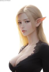 ai_generated big_breasts blonde_hair breasts busty cleavage cleavage_cutout clothed clothing collarbone dress elf elf_ears elf_female elf_girl female female_only grey_eyes long_hair looking_at_viewer nai_diffusion original original_character pointy_ears pujopg real_person realistic revealing_clothes sidelocks simple_background solo solo_female white_background