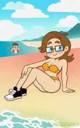 beach bikini black_shoes blush brown_hair brown_hair_female cute cute_face glasses glasses_on_face hand_on_ground hand_on_knee in_water jamga_(sidings) on_sand orange_bikini orange_clothing rubber_ring saberspark sabiespark shark shark_fin shoes sitting sky smiling smiling_at_viewer trainers water white_body white_skin white_skinned_female youtube youtuber youtuber_boy youtuber_character youtuber_girl youtuber_oc youtuber_sona