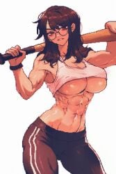 1girls abs absurd_res brown_eyes brown_hair choi_jinseon_(spoiledmuffin) cleavage crop_top eyewear glasses hi_res holding_object looking_at_viewer muscular muscular_female navel obliques original parted_lips pixel_art project_zomboid solo spoiledmuffin underboob