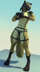 2022 3d_(artwork) 9:16 abs absurd_res anthro areola black_clothing black_nose blonde_hair bottomwear brown_body brown_eyes brown_fur canid canine canis clothed clothing digital_media_(artwork) digitigrade domestic_dog female fist full-length_portrait fur german_shepherd hair herding_dog hi_res leslie_rochester(rosecreates) mammal nipples pastoral_dog pink_areola pink_nipples portrait simple_background solo source_2_filmmaker tan_body tan_fur topless topless_female woofersfm