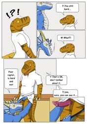 ! 2017 3_claws 5_fingers ? animal_genitalia anthro anthro_on_anthro biped blue_skin blush border briefs brown_skin brown_stripes bulge clothed clothing clothing_lift comic crossdressing curved_horn dialogue dinosaur dragon duo ear_frills english_text erection frill genital_slit glans horn hospital inside kaibo_coldwind larger_anthro larger_male looking_aside looking_at_penis looking_down male marvin_raptor nude nurse nurse_uniform nx-3000 penis pink_tongue precum precum_string purple_penis raptor ridged_horn scales scalie sharp_teeth size_difference skirt skirt_lift slit smaller_anthro smaller_male speech_bubble striped_body stripes surprise tapering_penis teeth text theropod tongue underwear underwear_pull uniform western_dragon white_border white_bottomwear white_horn white_scales white_skin white_topwear yaoi yellow_eyes yellow_penis