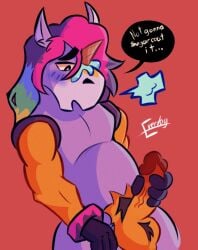 anthro berry_(brawl_stars) blush breasts clothing costume everdog fursuit genitals handjob human male male/male mammal muscular penile penis sex solo torn_clothing