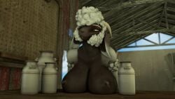 16:9 2023 3d_(artwork) anthro areola barn black_body bovid breasts brown_eyes caprine clothed clothing digital_media_(artwork) female freckles fur hi_res horn inside mammal milk_pail nipples sheep solo source_filmmaker_(artwork) topless topless_female white_body white_fur white_wool widescreen woofersfm wool_(fur)