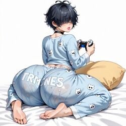 1boy ai_generated ass_focus black_hair bubble_butt fat_ass femboy game_controller gay hair_over_eyes huge_ass kotasky lipstick male_only pajama_pants pajama_shirt pajamas sitting_on_floor sleepover thick_ass yaoi