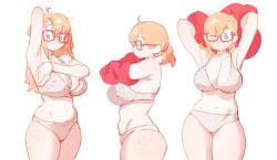 1girls armpits arms_up belly belly_button big_breasts blush bra checking_out_self cleavage closed_eyes colo eyebrows_visible_through_hair freckles front_view glasses looking_at_anothet one_eye_closed original panties ponytail presenting_armpit raised_arm red_sweater rita_(colo) side_view sketch standing sweater sweater_lift sweet_hex thick_thighs thighs underwear voluptuous voluptuous_female wearing_partner's_clothes white_background