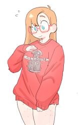 1girls band_merch big_breasts colo eyebrows_visible_through_hair freckles glasses iron_maiden iron_maiden_(band) looking_down original rita_(colo) sketch standing surprised sweat sweater sweet_hex thick_thighs thighs voluptuous voluptuous_female wearing_partner's_clothes white_background