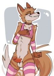 anthro armwear ball_tuft balls blush bottomless brown_body brown_eyes brown_fur canid canine canis cantio_(lawyerdog) clothed clothing colar coyote crop_top digital_drawing_(artwork) digital_media_(artwork) erection fur genitals grin humanoid_genitalia humanoid_penis legwear male mammal markings navel partially_clothed penis red_penis shirt smile solo star_(marking) tail tail_motion tailwag tan_body tan_fur topwear toxoglossa tuft