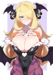 bat_wings blonde_hair breasts bridal_gauntlets capcom cleavage covered_navel creatures_(company) crossover cynthia_(pokemon) darkstalkers female game_freak gray_eyes huge_breasts large_breasts leotard long_hair mature_female milf morrigan_aensland morrigan_aensland_(cosplay) nintendo pokemon pokemon_(game) pokemon_dppt skin_tight solo tagme the_pokemon_company thighhighs thighs vampire_(game) wings