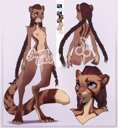 anthro blue_eyes braided_hair brown_body brown_fur brown_hair brown_tail color_swatch digitigrade dipstick_tail fangs felid female front_view fur genitals hair hi_res humanoid_genitalia humanoid_pussy long_hair mammal markings model_sheet nude open_mouth piercing pussy rear_view shermugi solo standing striped_markings striped_tail stripes tail tail_markings tan_body tan_fur tan_tail teeth tongue tongue_out tongue_piercing watermark